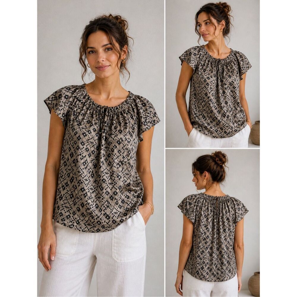 Stella Forest Blouse Size FR 40 / US S Beige Black Print Flutter Sleeve Boho Top